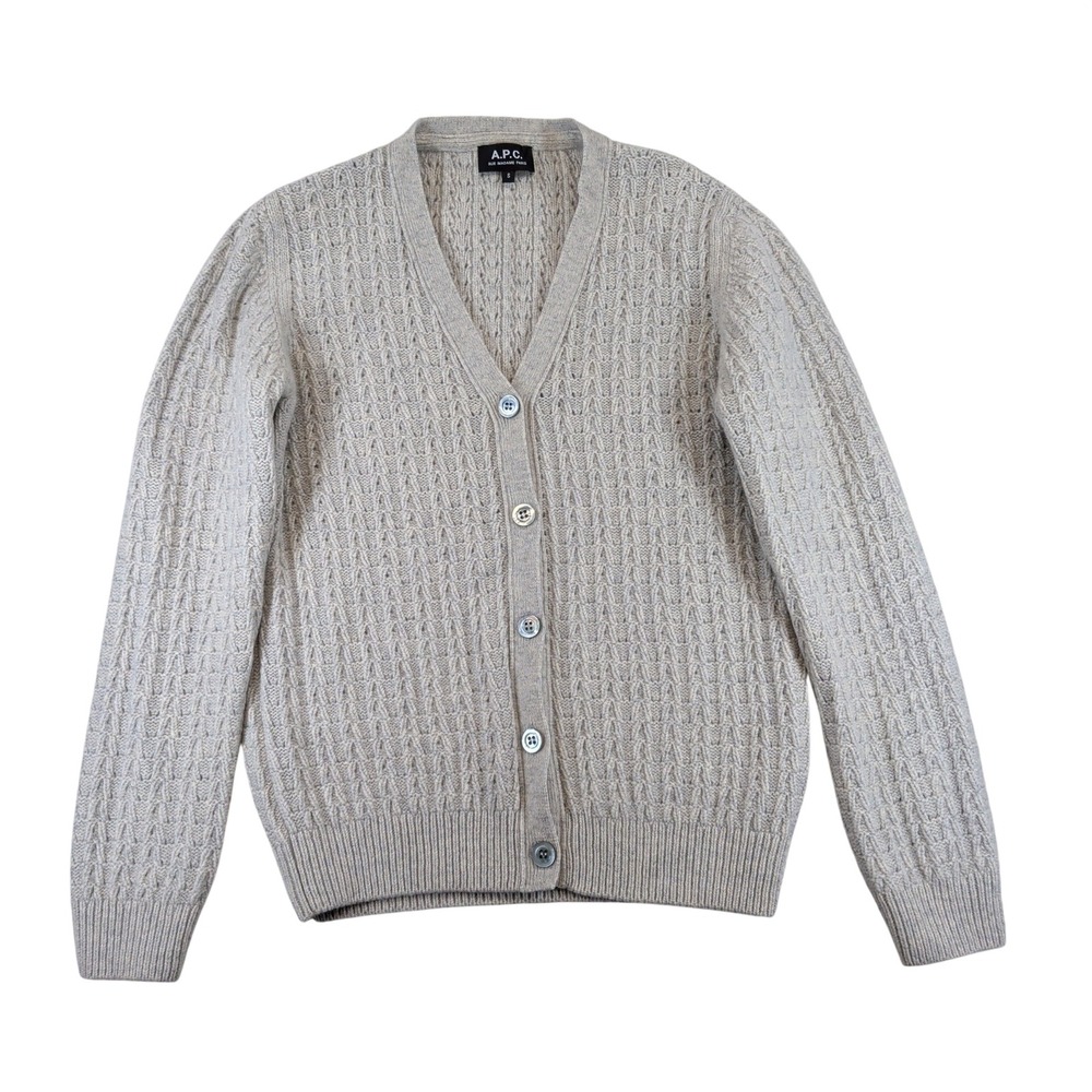 APC Womens Gray 100% Merino Wool Cable Knit V-Neck Cardigan Sweater Size S